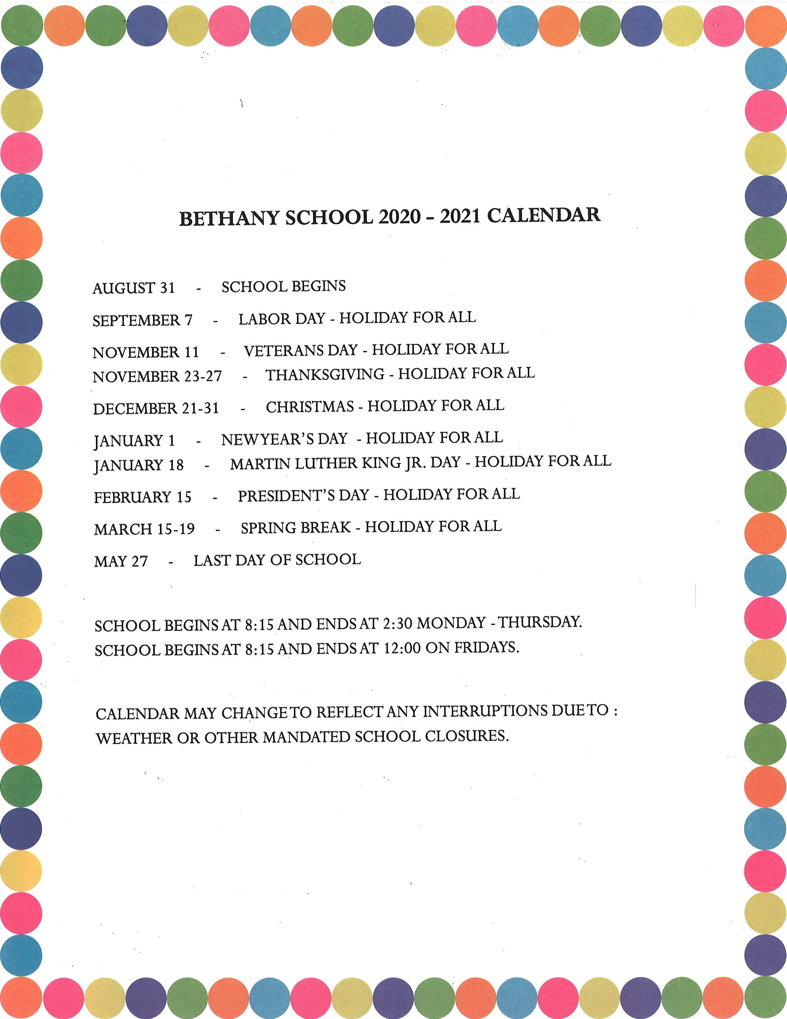 Bethany School Website > School Calendar